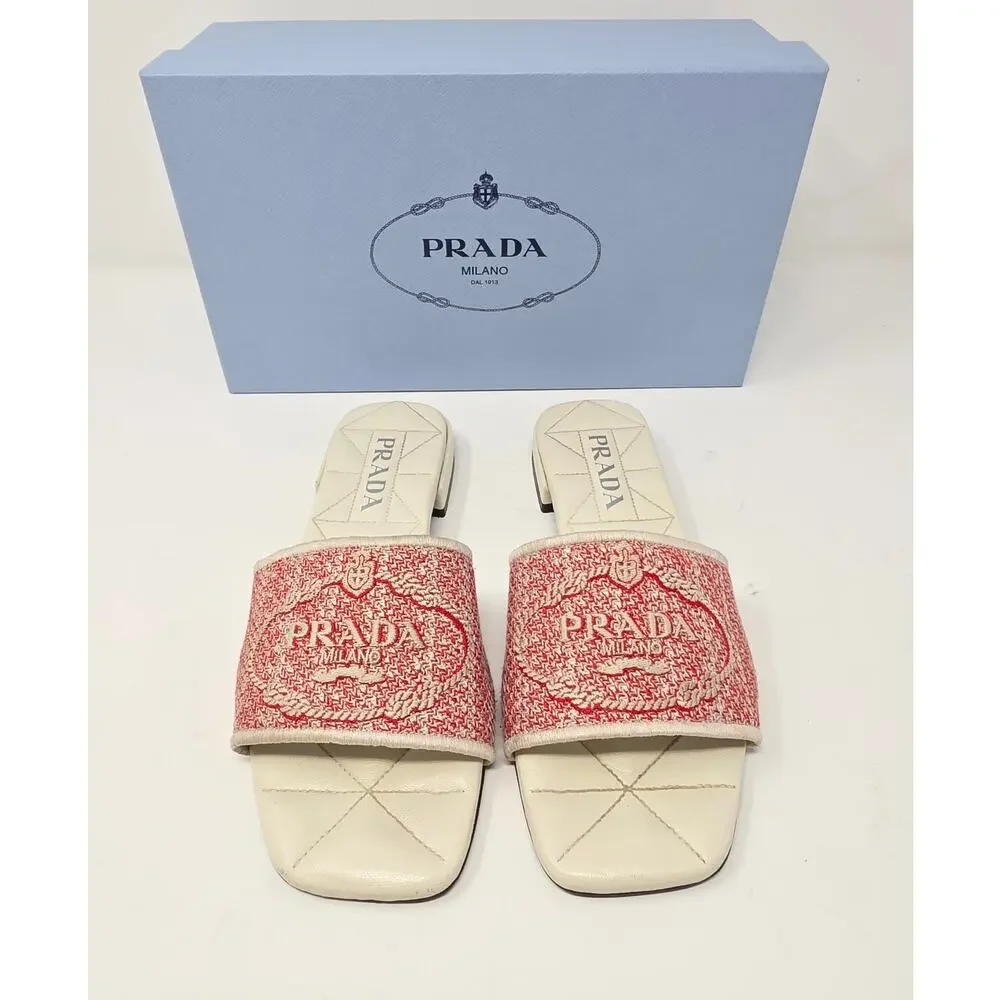 Prada Logo Jacquard Slide Sandals Red White Flat Day Quilted Woven 37.5 7.5